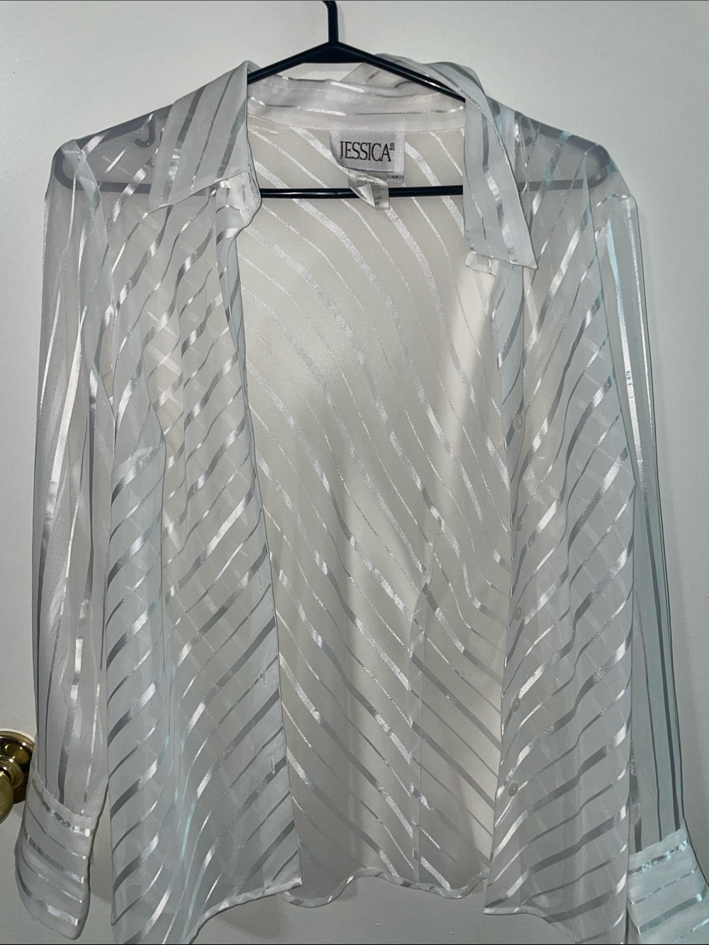 Vintage Jessica Sheer White Blouse with Silver Metallic Stripes